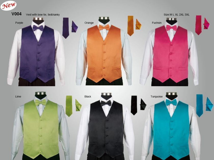 Mens Tuxedo Vest Set 4 Pieces Vest, Bow Tie, Handkerchief, and Tie 9 