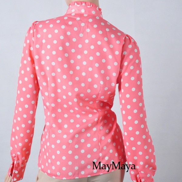   Clothes Ruffle Front high neck polka dot Print Top Shirt Blouse  