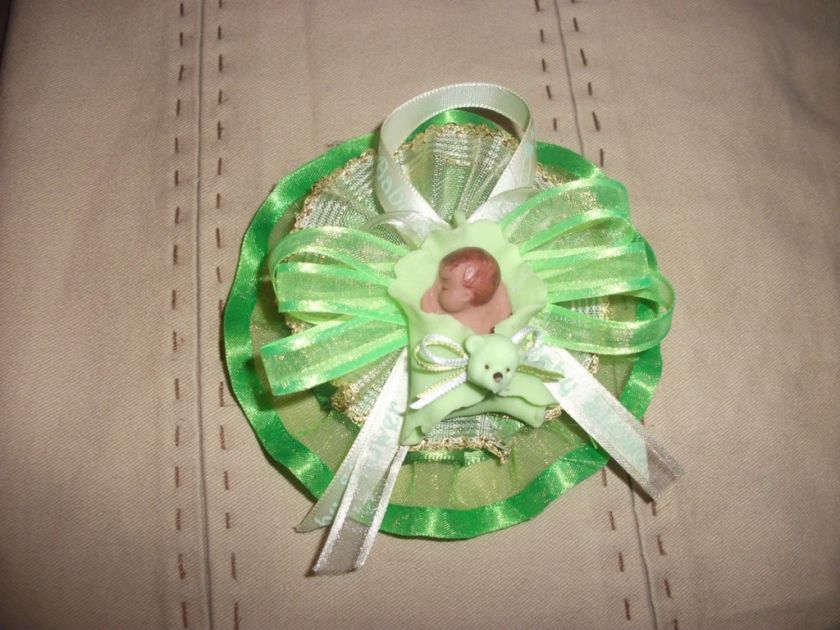 Mint green and yellow baby shower corsage afr american  