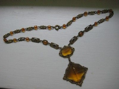 Unique Antique Art Deco Orange Glass Filigree Necklace  