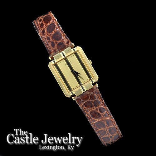 Mens Genuine 18K Piaget Luxury Wrist Watch Gold Dial Brown Crocodile 