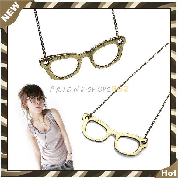 Stylish Vintage Style Brown Glasses Pendant Necklace F  