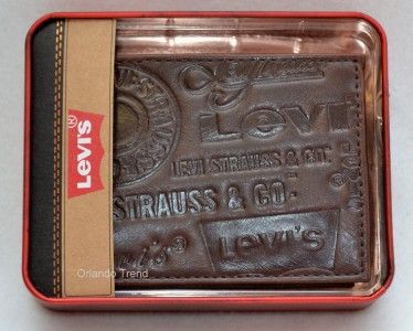 New Levis Brown Logo Printed Genuine Leather Wallet Bifold Men 