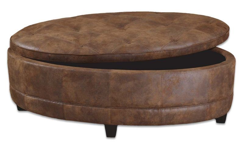 Large Patteren Brown Cushion Top Round Storage Ottoman  