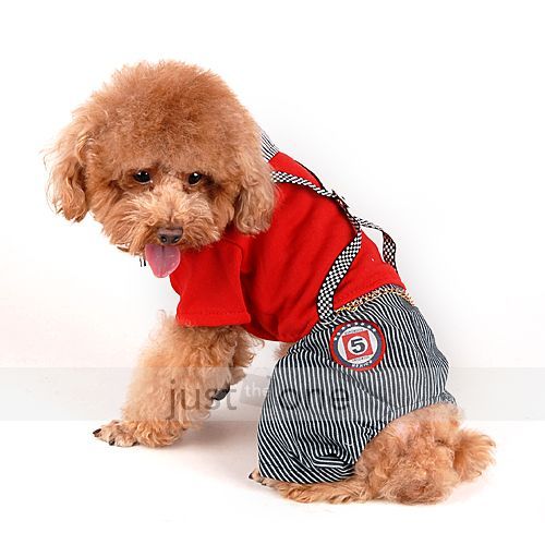 Fashion Cozy Pet Dog Puppy Apparel Clothes Red Shirt jean Stripe Pants 